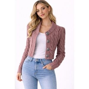 Vintage Burberry London Cropped Cable Knit Cardigan XS Rose Wool Mohair Italy